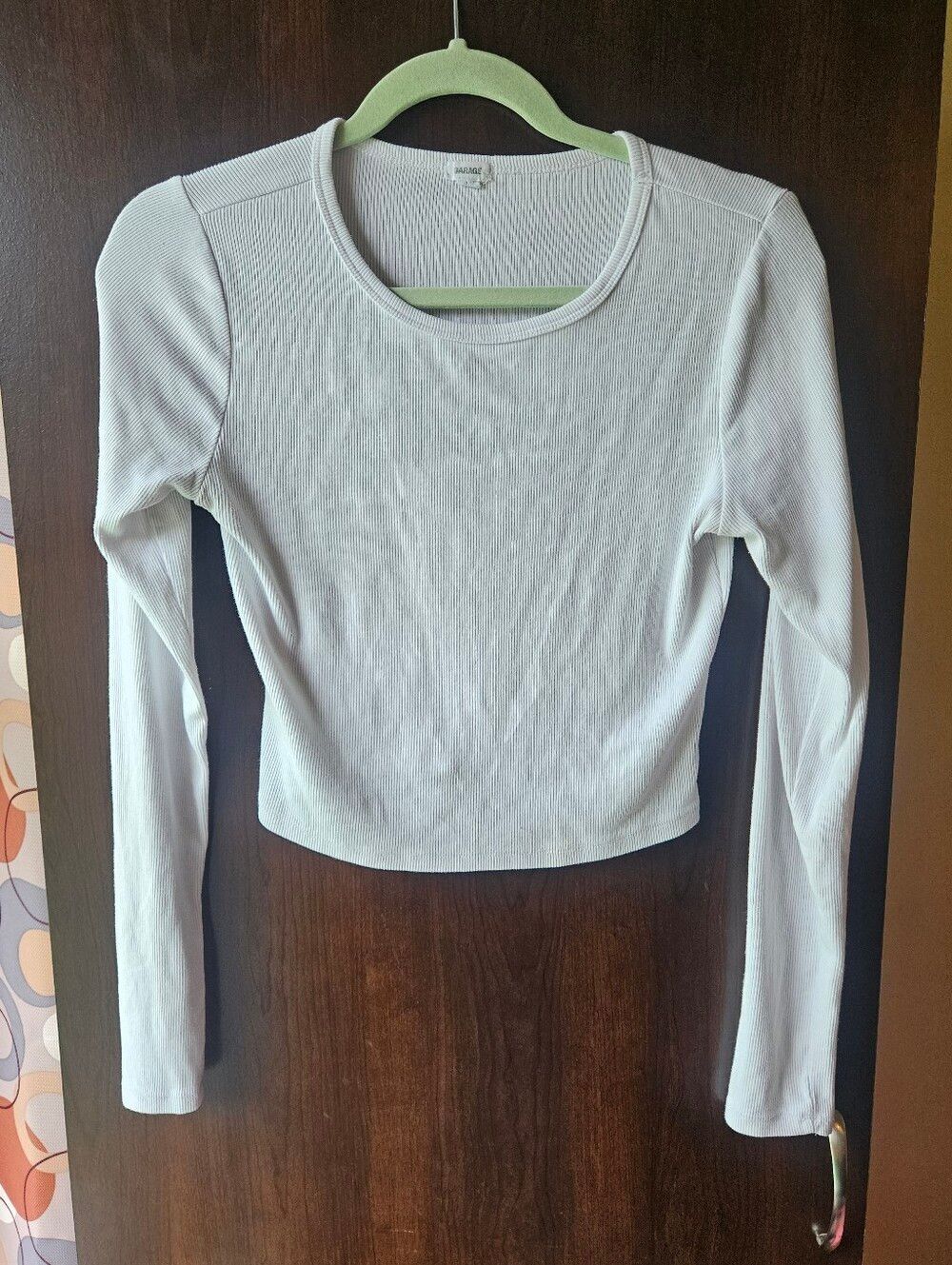 Garage White Ribbed Long Sleeve Cropped Top Size Medium
